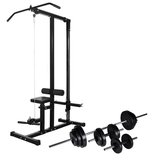 vidaXL Power tower set med skivstång och hantlar 30,5 kg