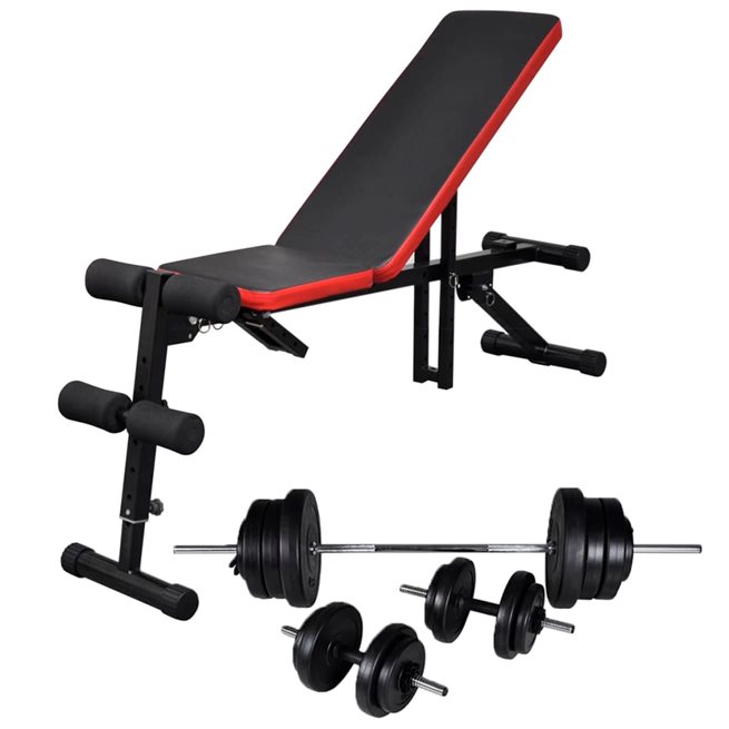 vidaXL Situpsbänk set med skivstång och hantlar 60,5 kg