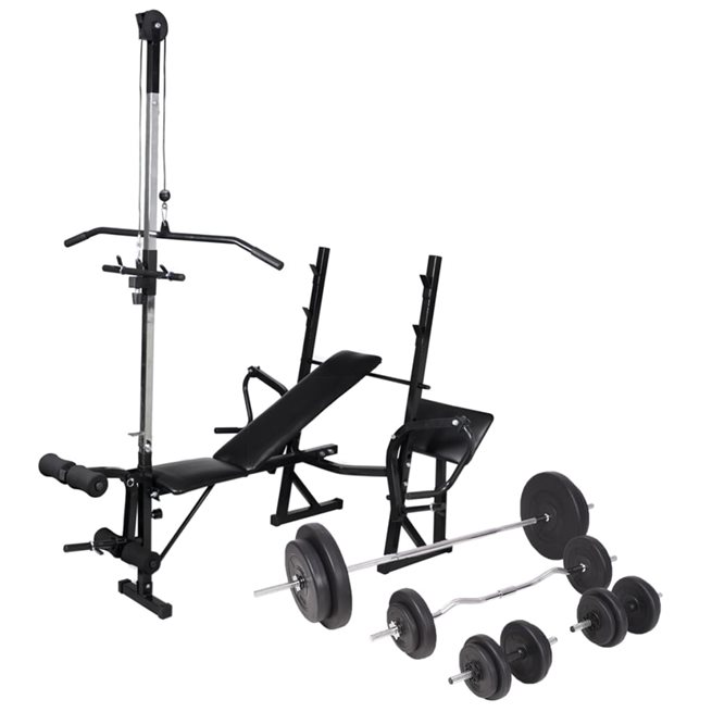 vidaXL Träningsbänk set viktställning skivstång och hantlar 90 kg