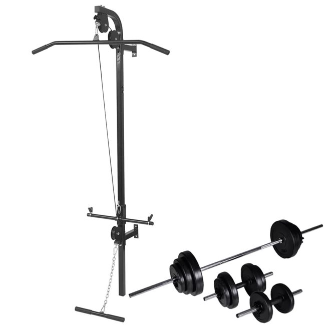 vidaXL Väggmonterat power tower med skivstång och hantlar 30,5 kg