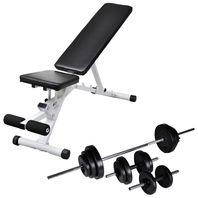 vidaXL Träningsbänk set med skivstång och hantlar 30,5 kg